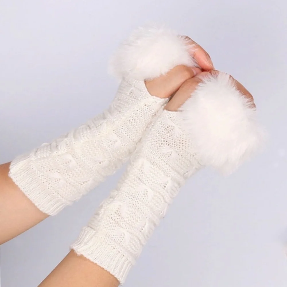 White Cable Knit Faux Fur Trim Fingerless Gloves - Women